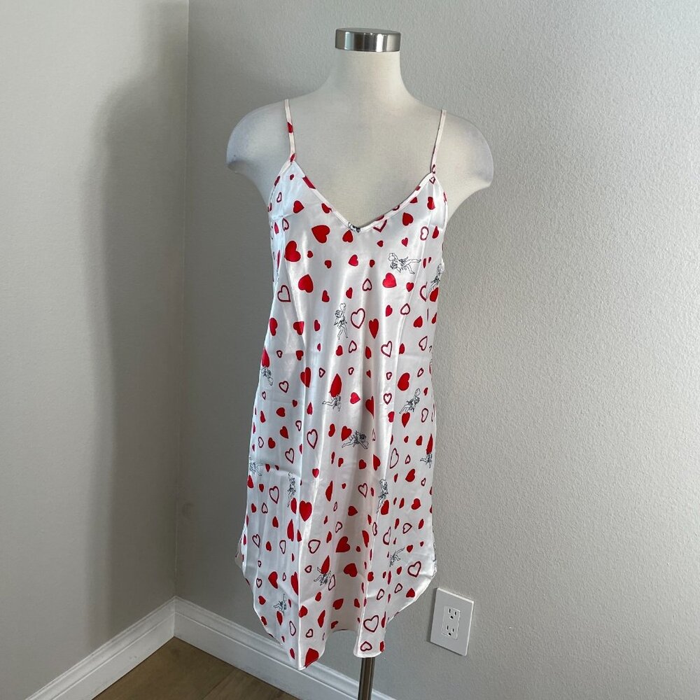 Vintage Alexandra Nicole Womens Large White Cupids Hearts Slip Dress‎ Satin USA